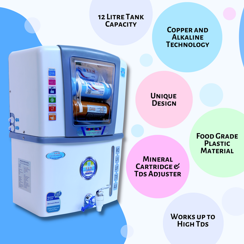 E.F.M Alkalina 12 L RO+UV+UF+TDS+MINERAL+ALK+COPPER RO Water Purifier (White Grey)