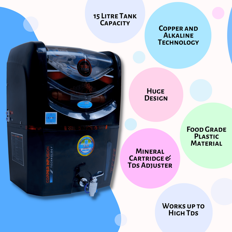 E.F.M Dark Crux 15 L RO+UV+UF+TDS+MINERAL+ALK+COPPER RO Water Purifier (Black)
